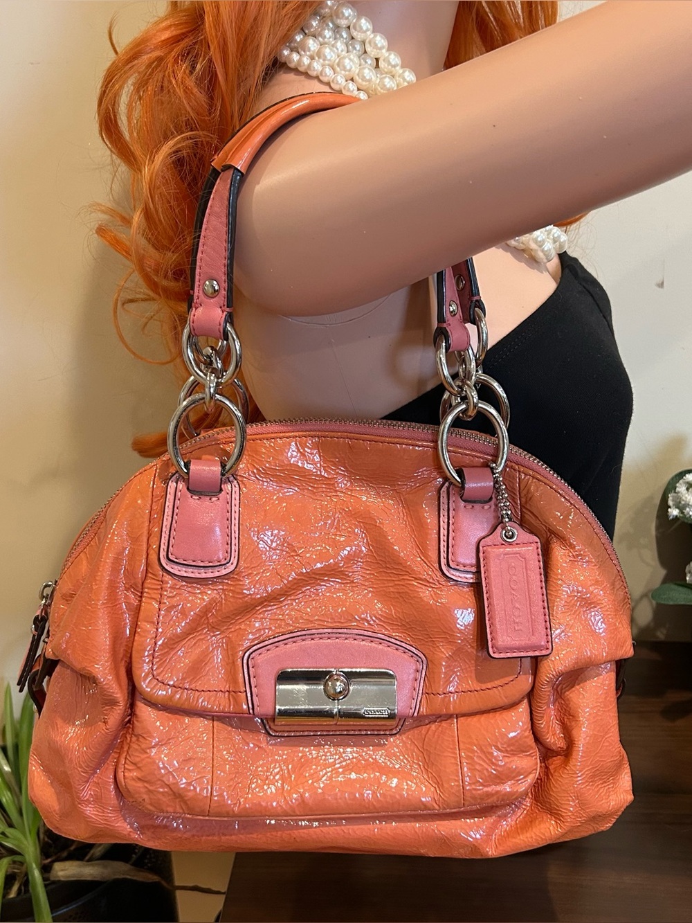 Coach Coral Patent Leather Shoulder Bag with Silver-Tone Hardware